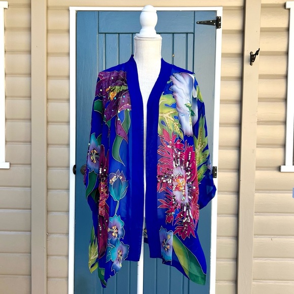 Vintage 100% Silk Draper's & Damon'sWomens Kimono Top Sequins Floral. OS